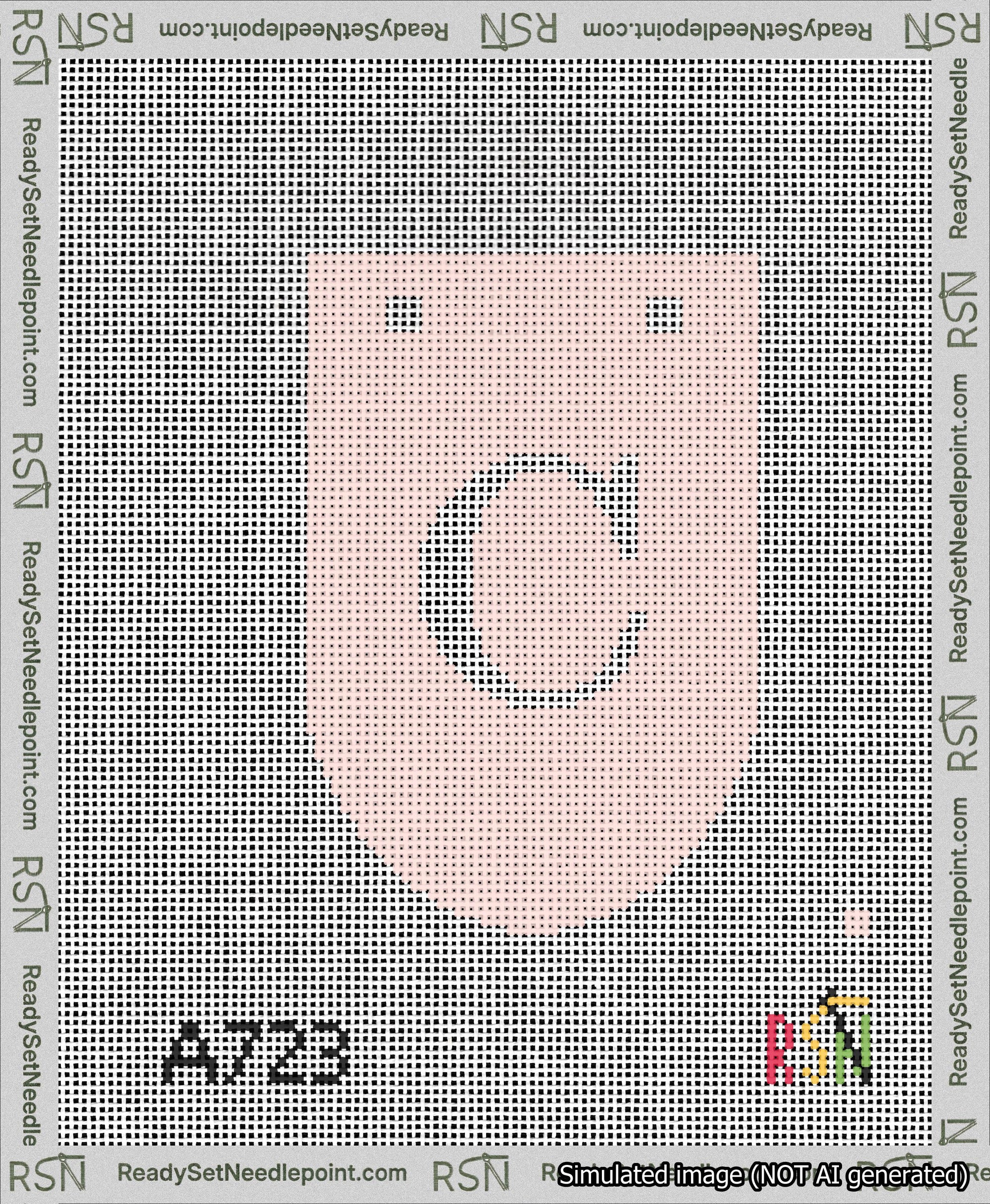 A taped needlepoint canvas with the design: Banner 13 mesh count Rounded C White on Pink.