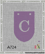 A taped needlepoint canvas with the design: Banner 13 mesh count Rounded C White on Purple.