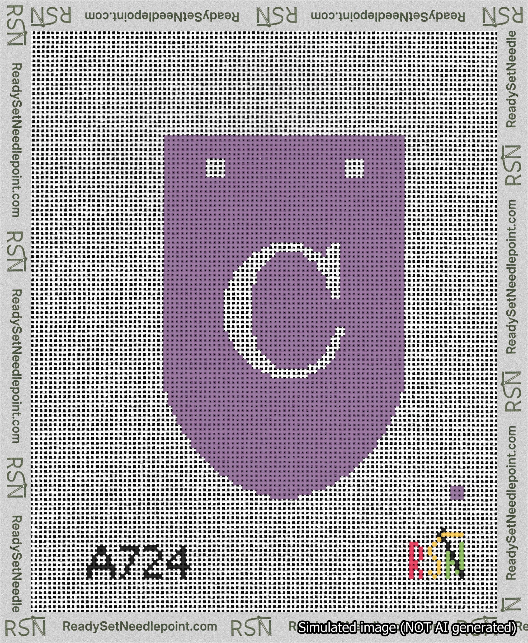 A taped needlepoint canvas with the design: Banner 13 mesh count Rounded C White on Purple.