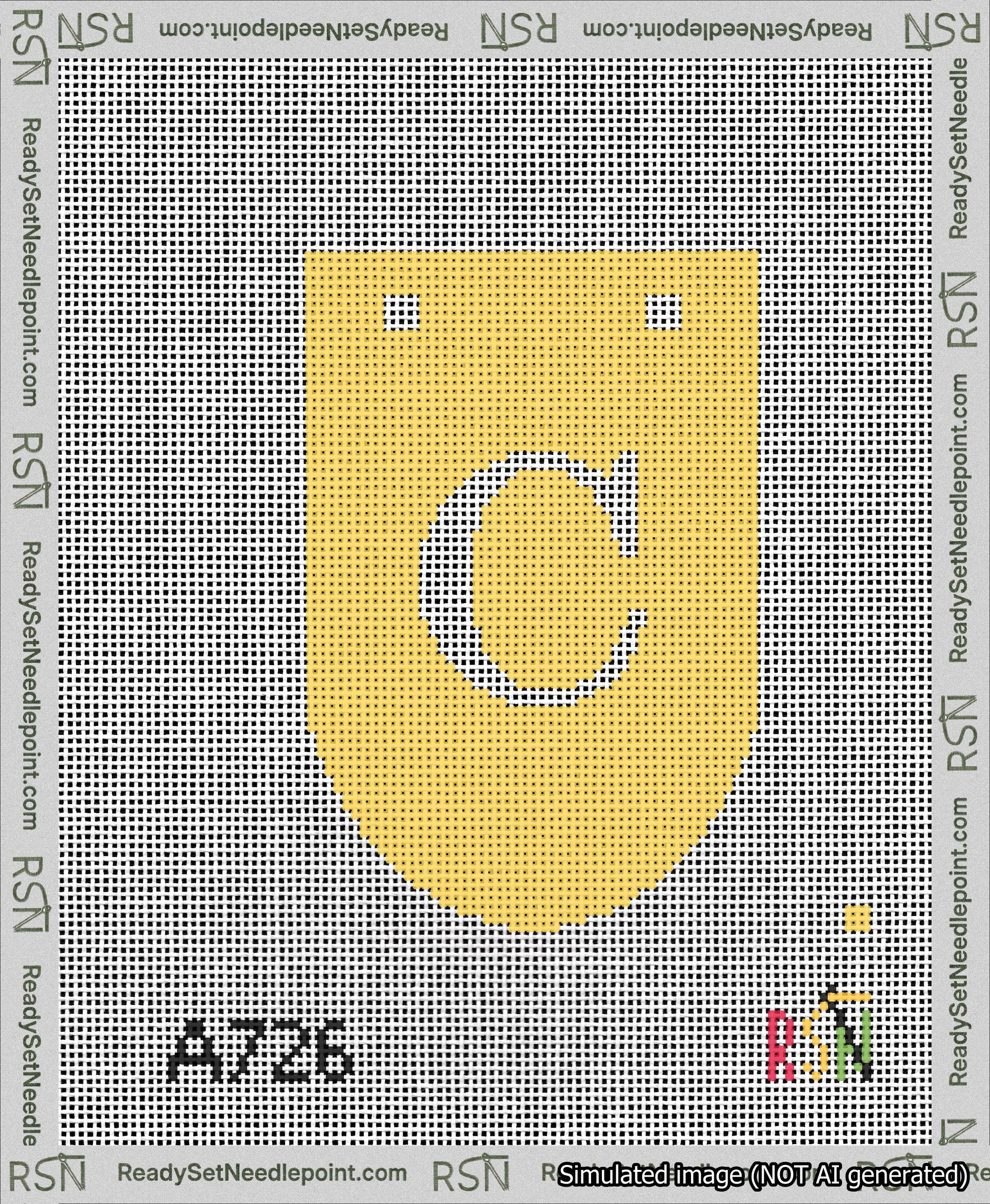 A taped needlepoint canvas with the design: Banner 13 mesh count Rounded C White on Yellow.