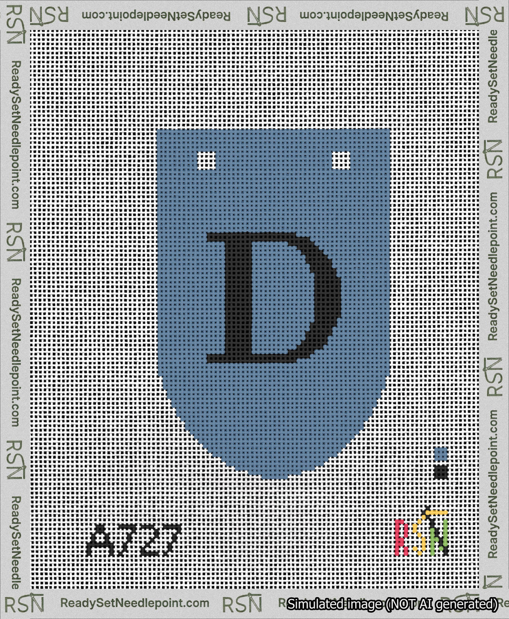 A taped needlepoint canvas with the design: Banner 13 mesh count Rounded D Black on Blue.