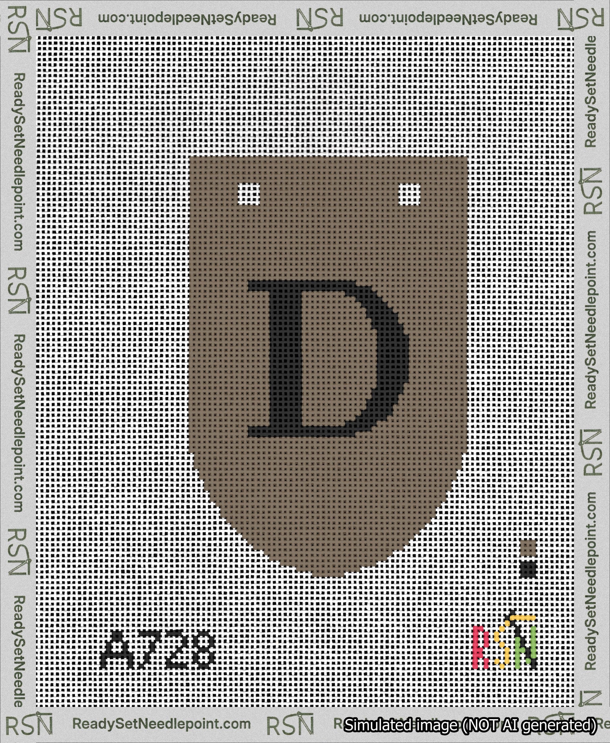 A taped needlepoint canvas with the design: Banner 13 mesh count Rounded D Black on Brown.