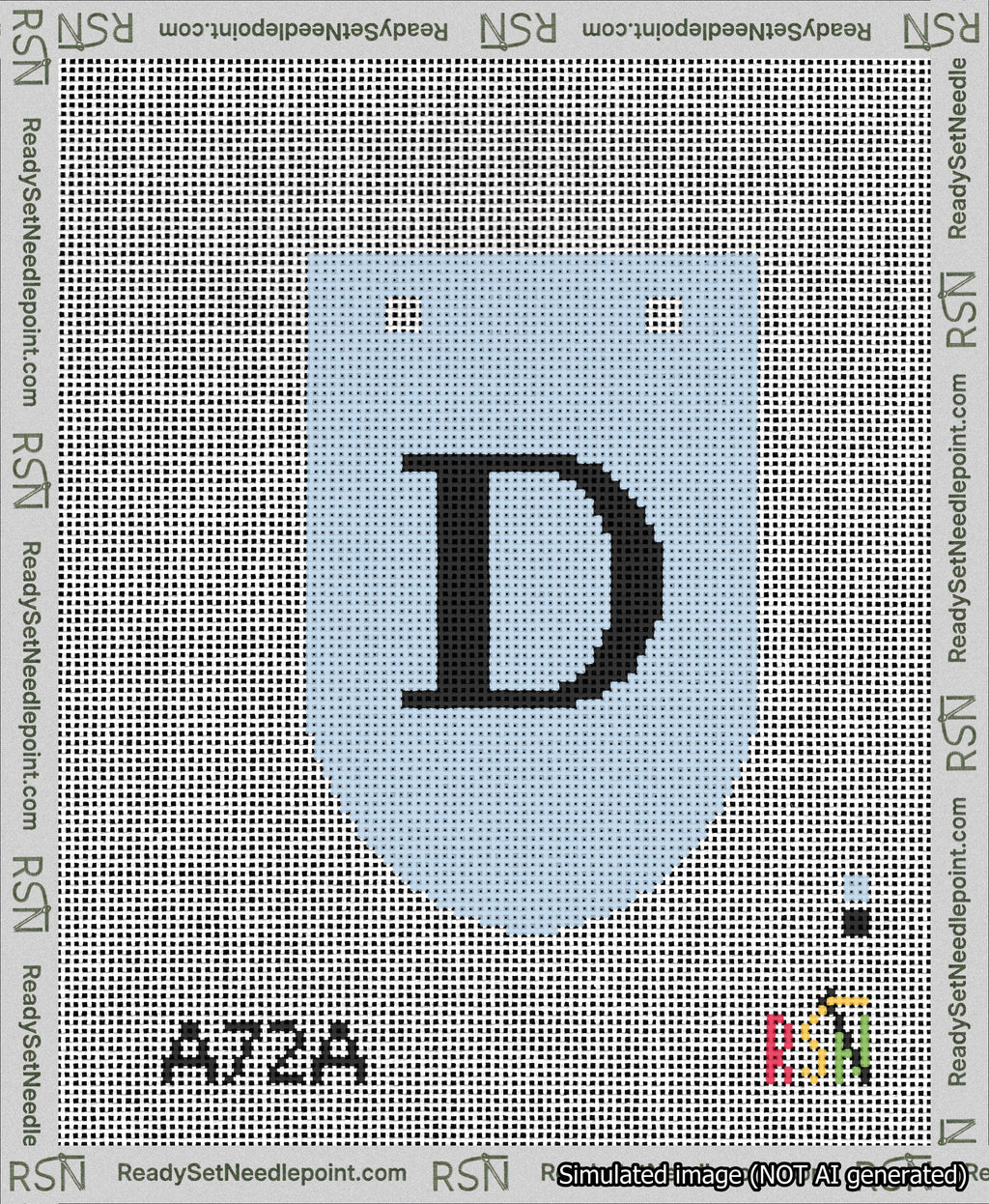 A taped needlepoint canvas with the design: Banner 13 mesh count Rounded D Black on Light Blue.