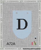 A taped needlepoint canvas with the design: Banner 13 mesh count Rounded D Black on Light Blue.