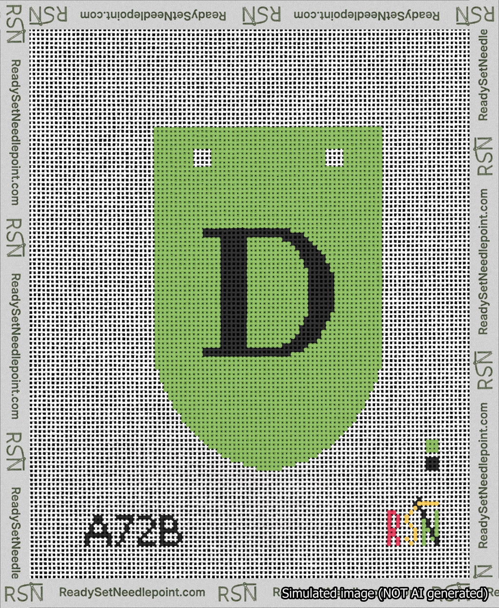 A taped needlepoint canvas with the design: Banner 13 mesh count Rounded D Black on Light Green.