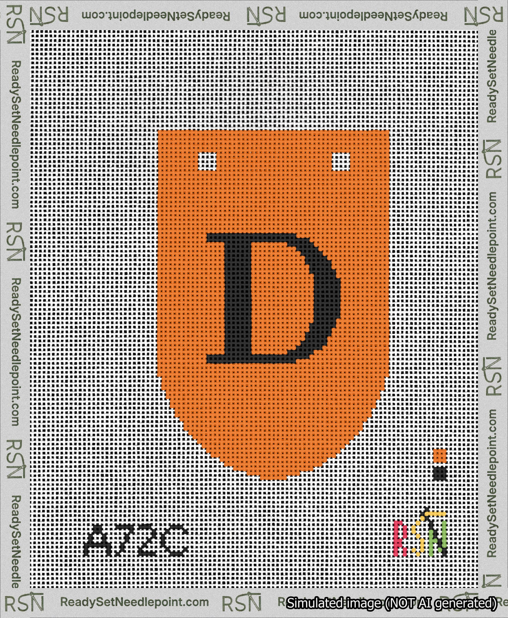 A taped needlepoint canvas with the design: Banner 13 mesh count Rounded D Black on Orange.