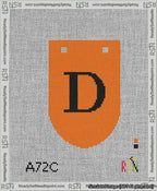 A taped needlepoint canvas with the design: Banner 13 mesh count Rounded D Black on Orange.