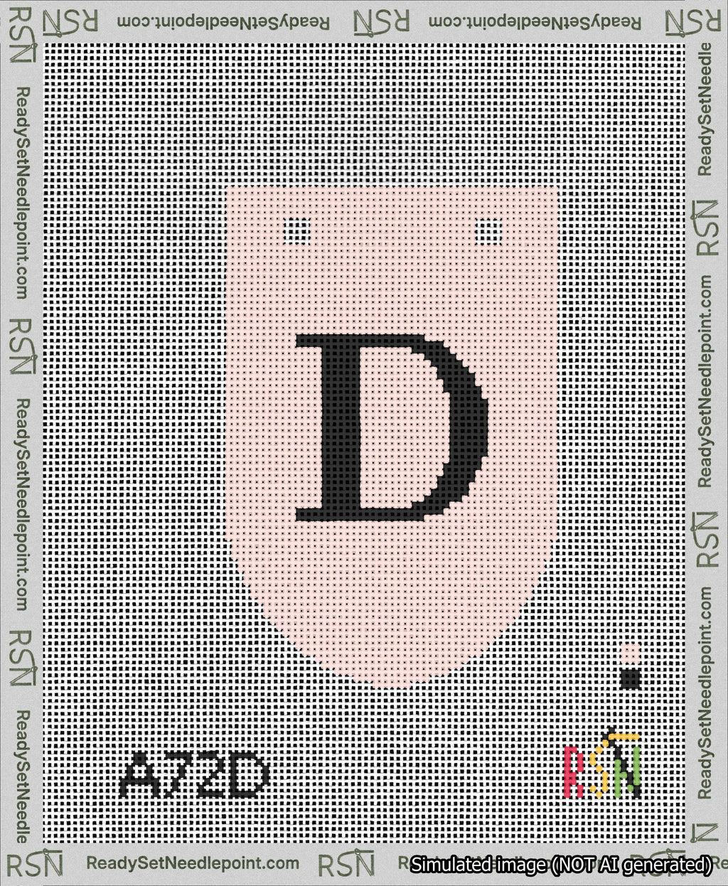 A taped needlepoint canvas with the design: Banner 13 mesh count Rounded D Black on Pink.