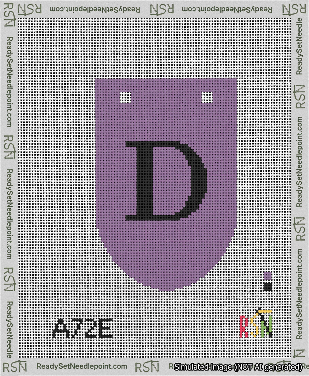 A taped needlepoint canvas with the design: Banner 13 mesh count Rounded D Black on Purple.