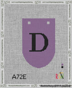 A taped needlepoint canvas with the design: Banner 13 mesh count Rounded D Black on Purple.