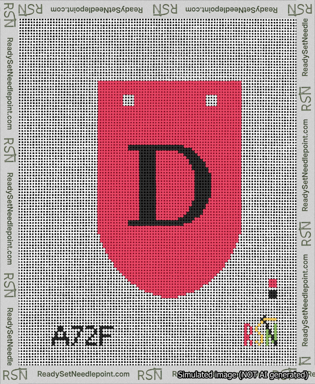 A taped needlepoint canvas with the design: Banner 13 mesh count Rounded D Black on Red.
