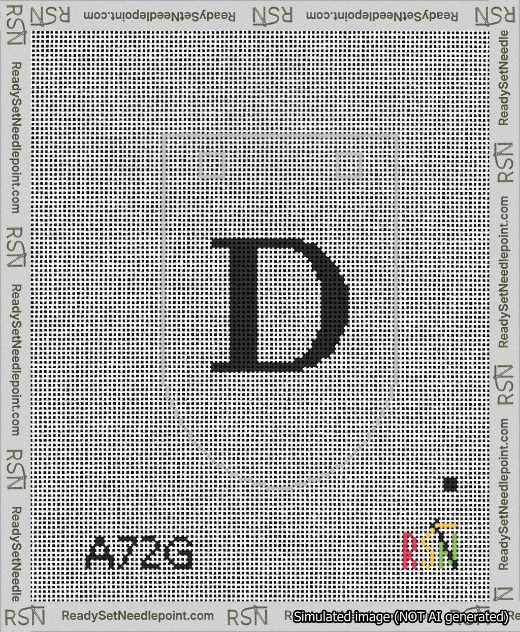 A taped needlepoint canvas with the design: Banner 13 mesh count Rounded D Black on White.