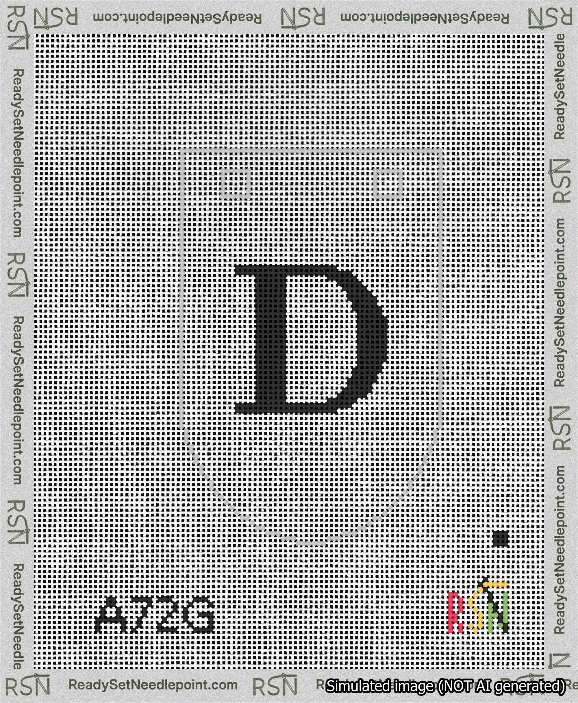 A taped needlepoint canvas with the design: Banner 13 mesh count Rounded D Black on White.