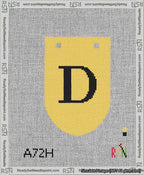 A taped needlepoint canvas with the design: Banner 13 mesh count Rounded D Black on Yellow.