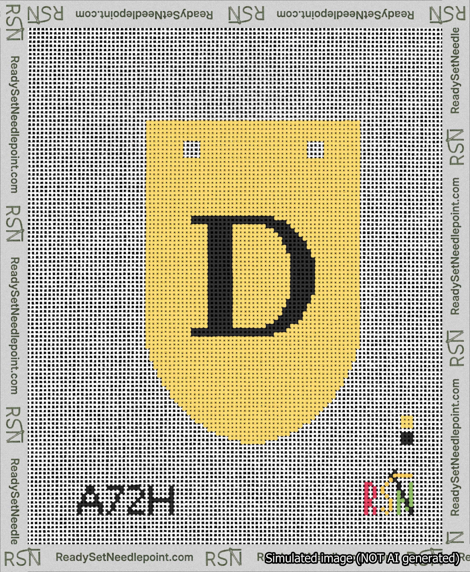 A taped needlepoint canvas with the design: Banner 13 mesh count Rounded D Black on Yellow.