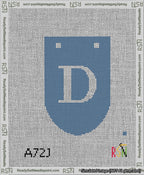 A taped needlepoint canvas with the design: Banner 13 mesh count Rounded D White on Blue.