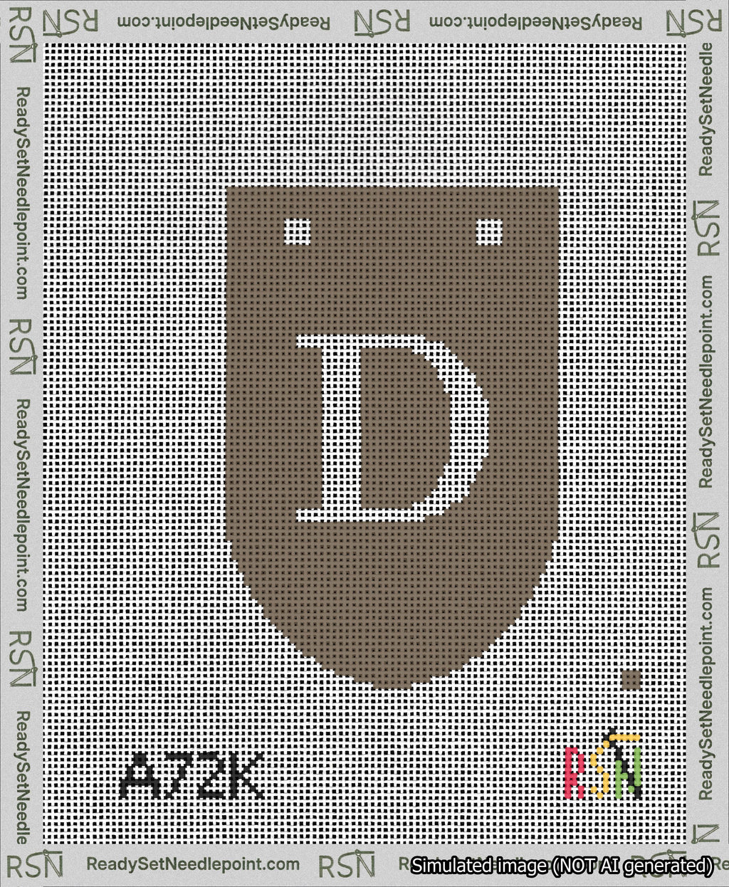 A taped needlepoint canvas with the design: Banner 13 mesh count Rounded D White on Brown.