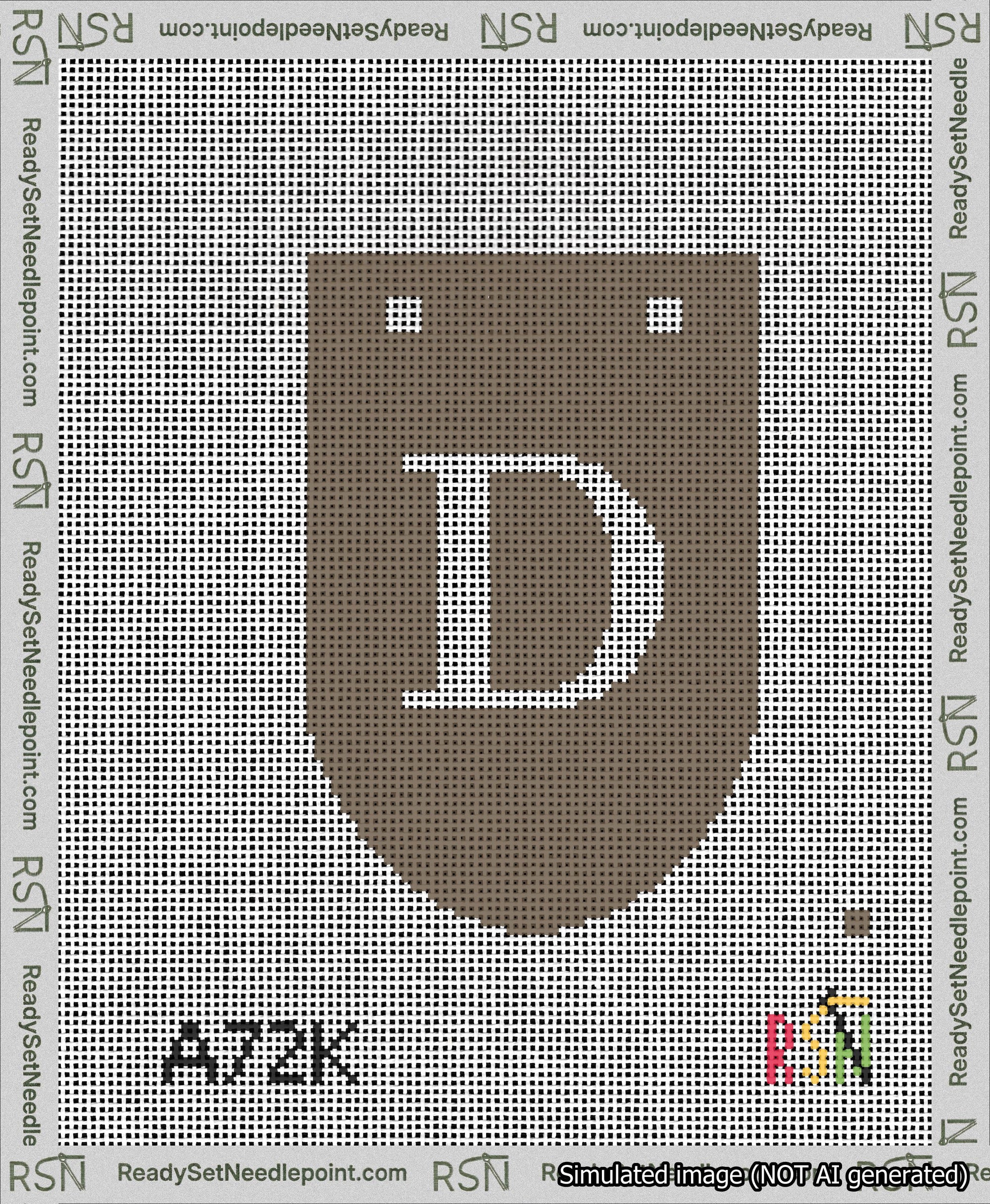 A taped needlepoint canvas with the design: Banner 13 mesh count Rounded D White on Brown.
