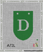 A taped needlepoint canvas with the design: Banner 13 mesh count Rounded D White on Green.