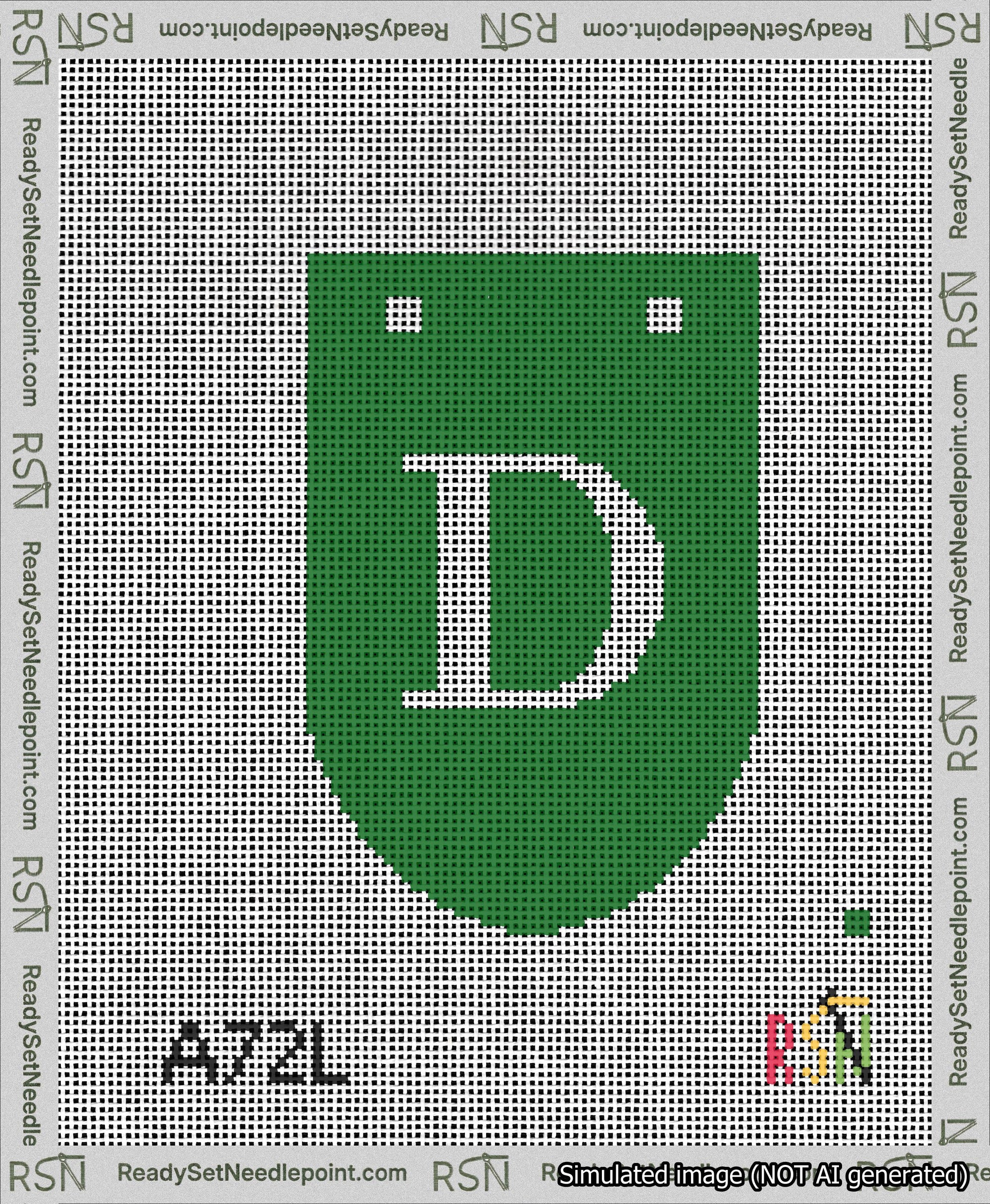 A taped needlepoint canvas with the design: Banner 13 mesh count Rounded D White on Green.