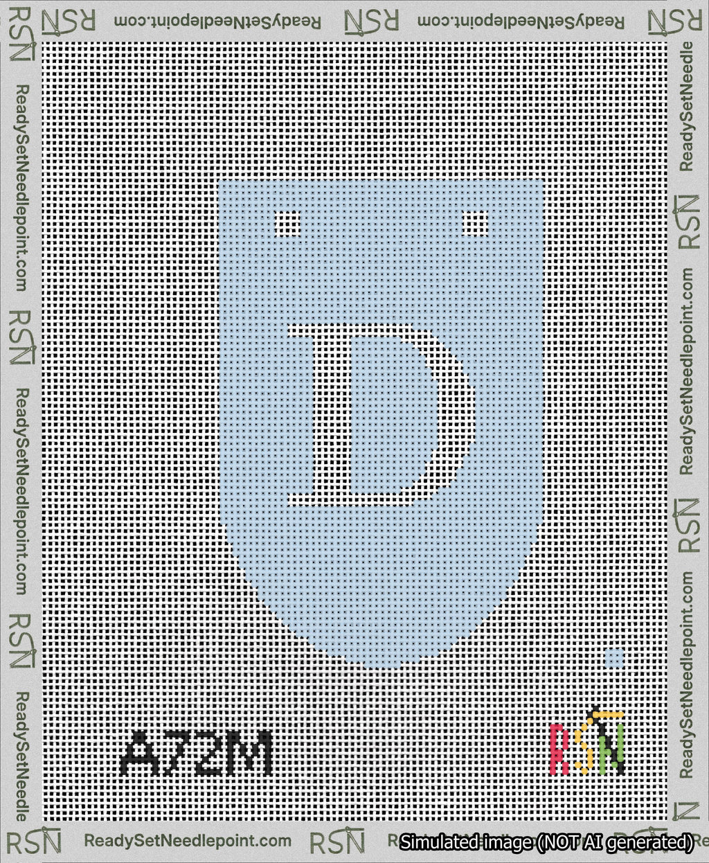 A taped needlepoint canvas with the design: Banner 13 mesh count Rounded D White on Light Blue.