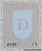 A taped needlepoint canvas with the design: Banner 13 mesh count Rounded D White on Light Blue.