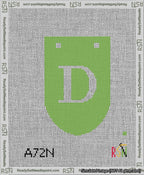 A taped needlepoint canvas with the design: Banner 13 mesh count Rounded D White on Light Green.