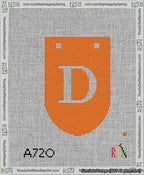A taped needlepoint canvas with the design: Banner 13 mesh count Rounded D White on Orange.