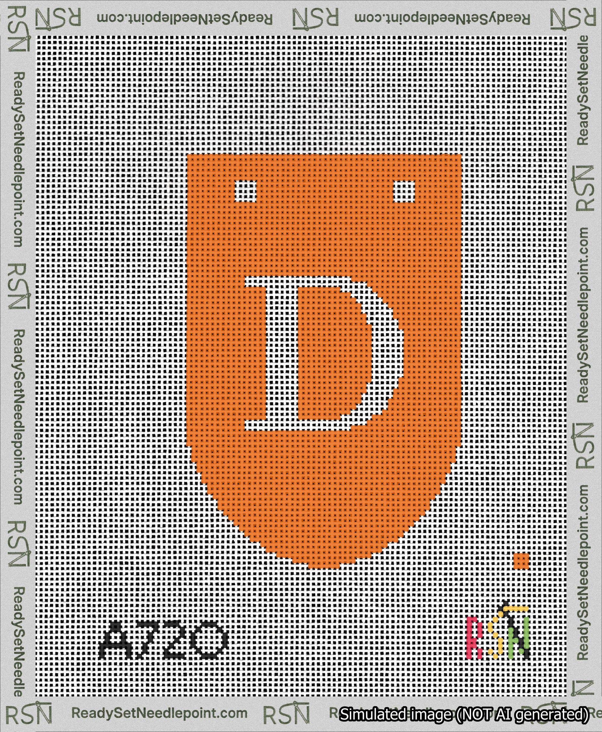 A taped needlepoint canvas with the design: Banner 13 mesh count Rounded D White on Orange.