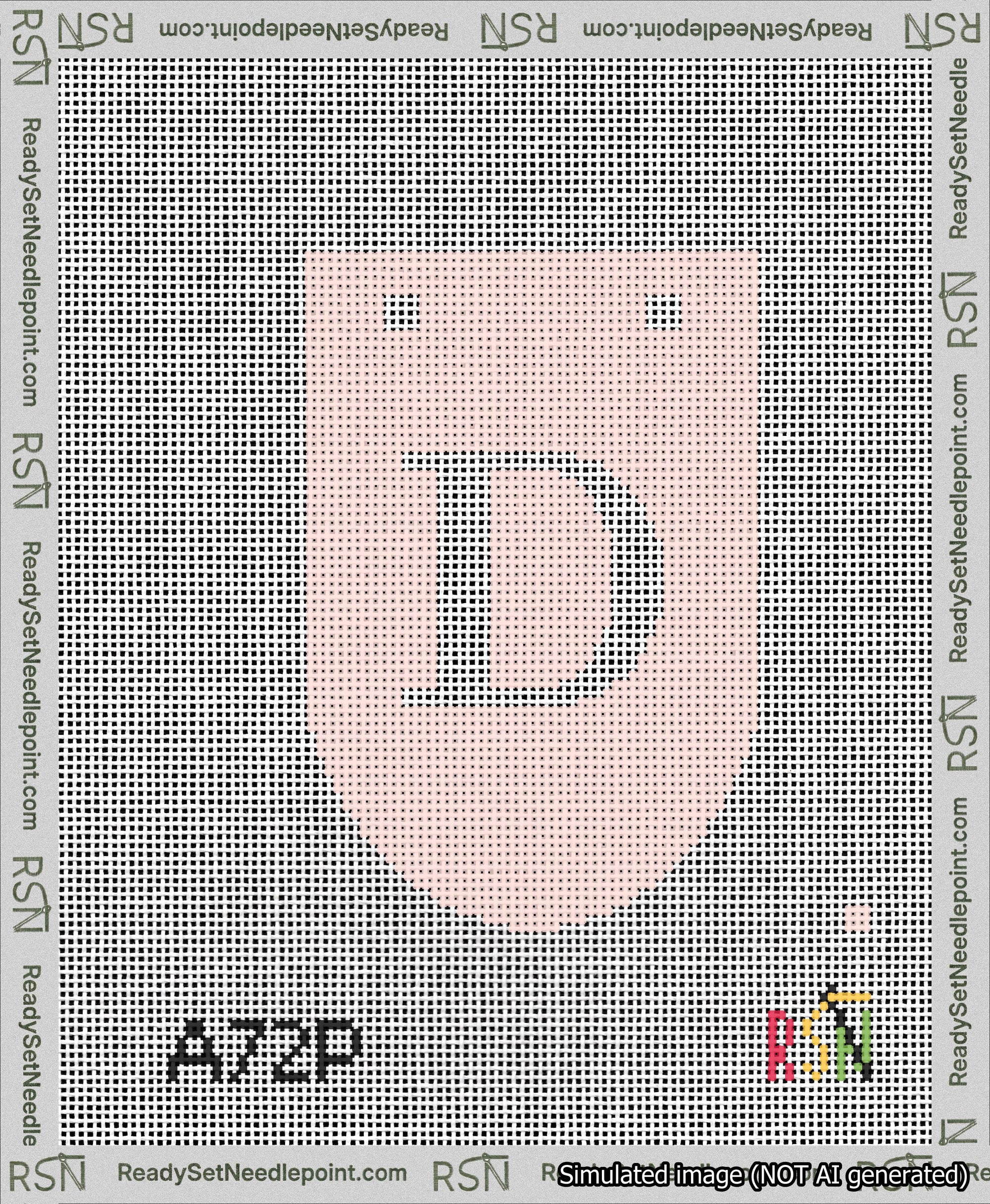 A taped needlepoint canvas with the design: Banner 13 mesh count Rounded D White on Pink.
