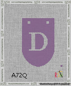 A taped needlepoint canvas with the design: Banner 13 mesh count Rounded D White on Purple.