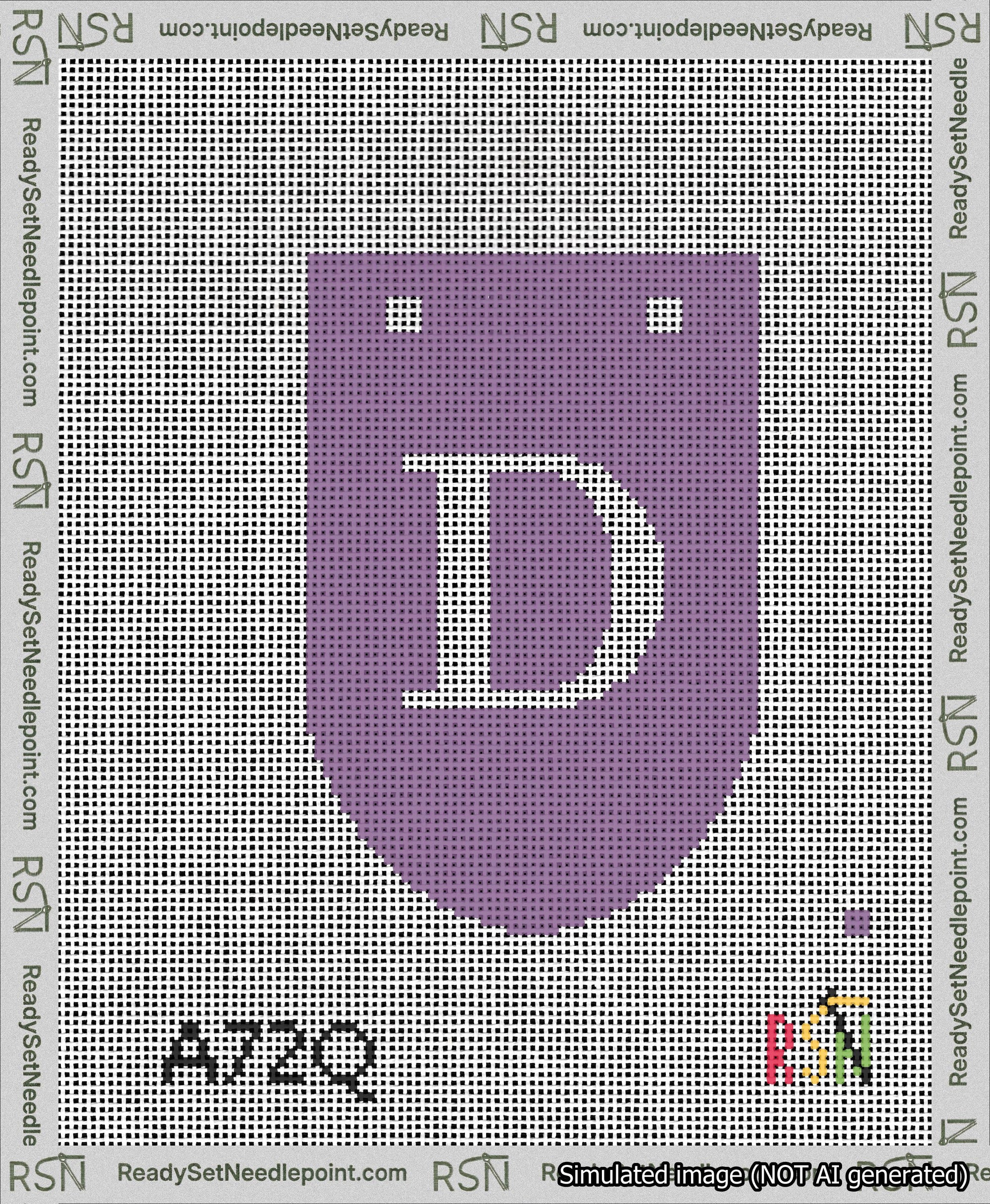 A taped needlepoint canvas with the design: Banner 13 mesh count Rounded D White on Purple.