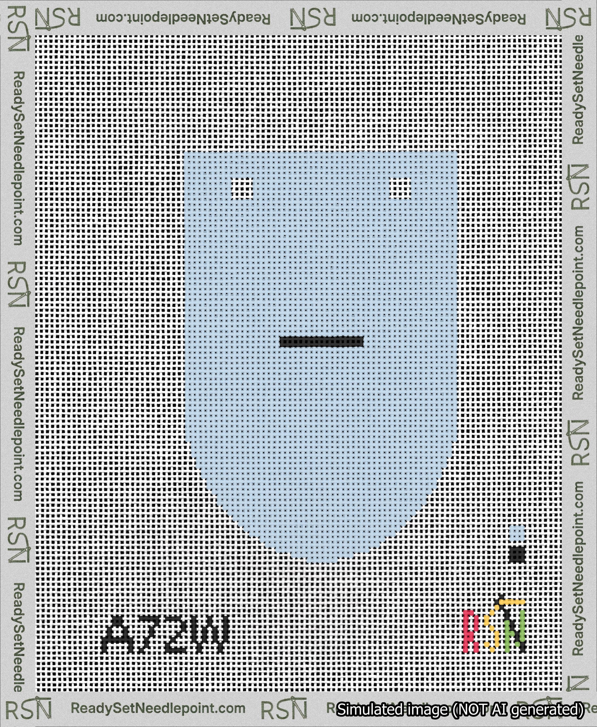 A taped needlepoint canvas with the design: Banner 13 mesh count Rounded Dash Black on Light Blue.