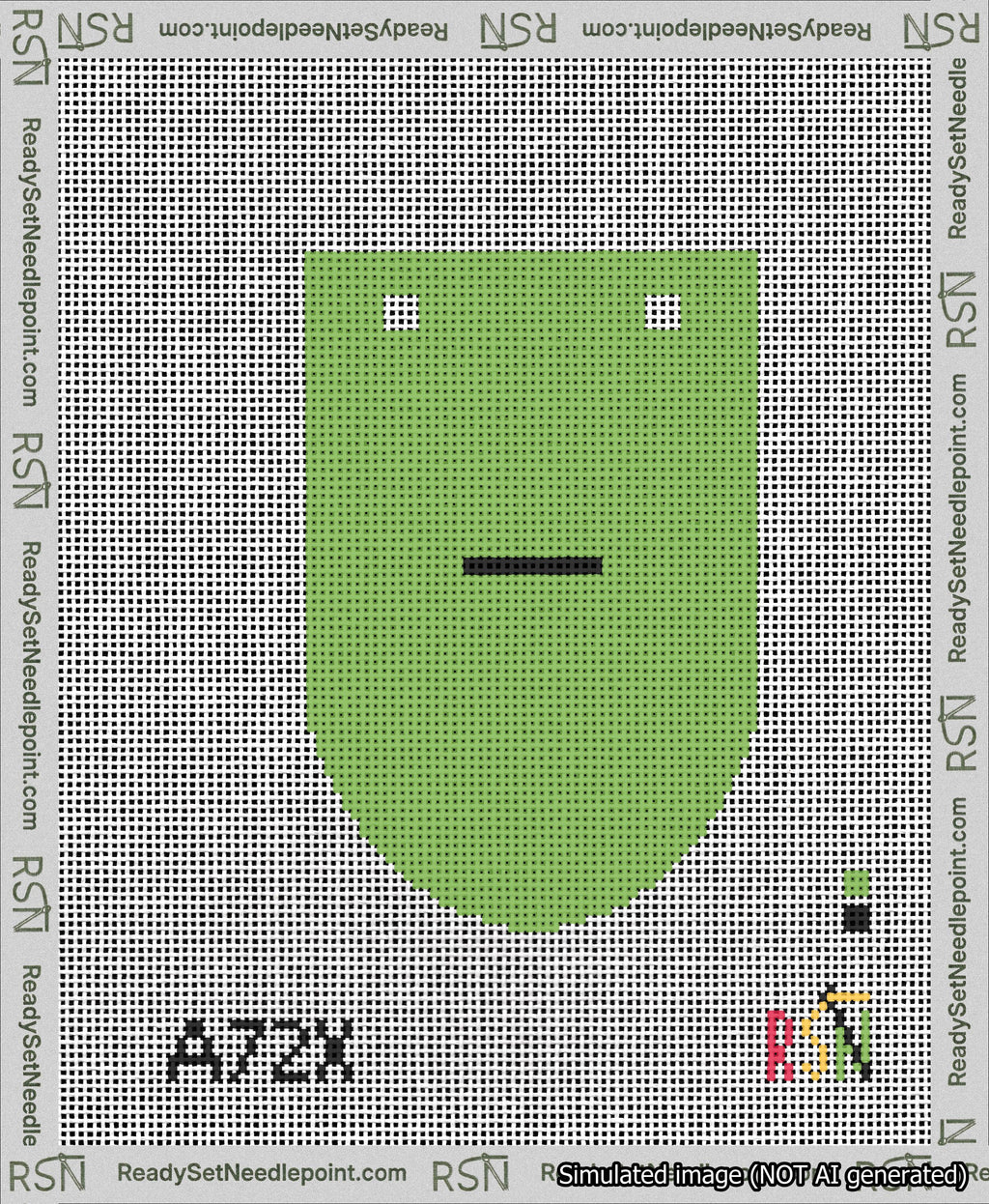 A taped needlepoint canvas with the design: Banner 13 mesh count Rounded Dash Black on Light Green.