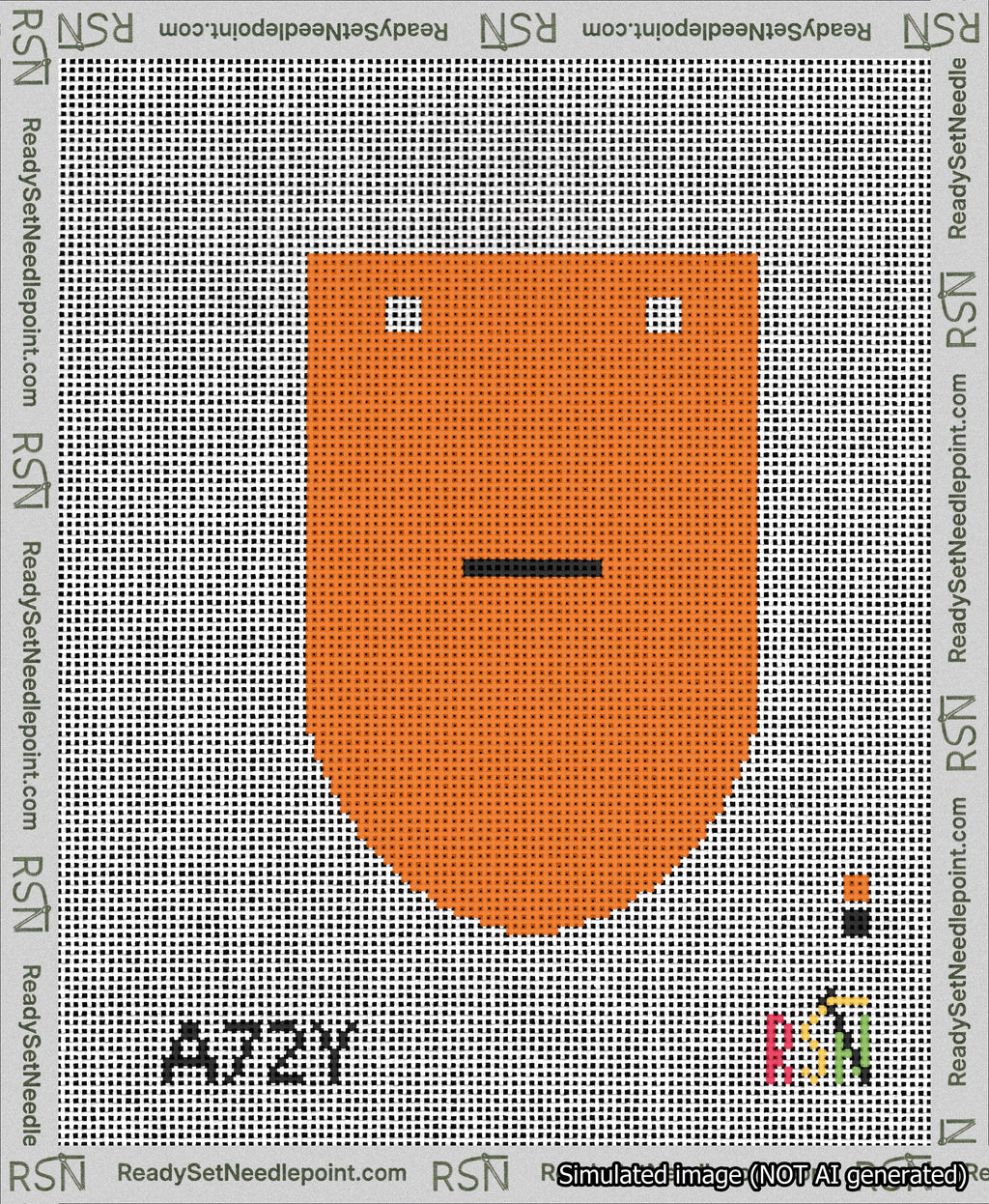 A taped needlepoint canvas with the design: Banner 13 mesh count Rounded Dash Black on Orange.