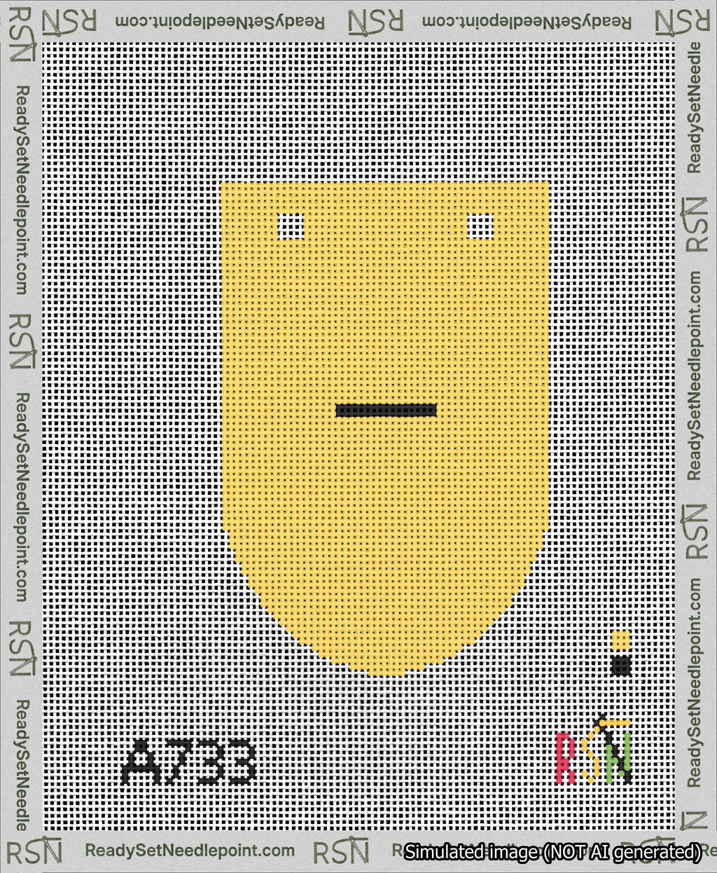 A taped needlepoint canvas with the design: Banner 13 mesh count Rounded Dash Black on Yellow.