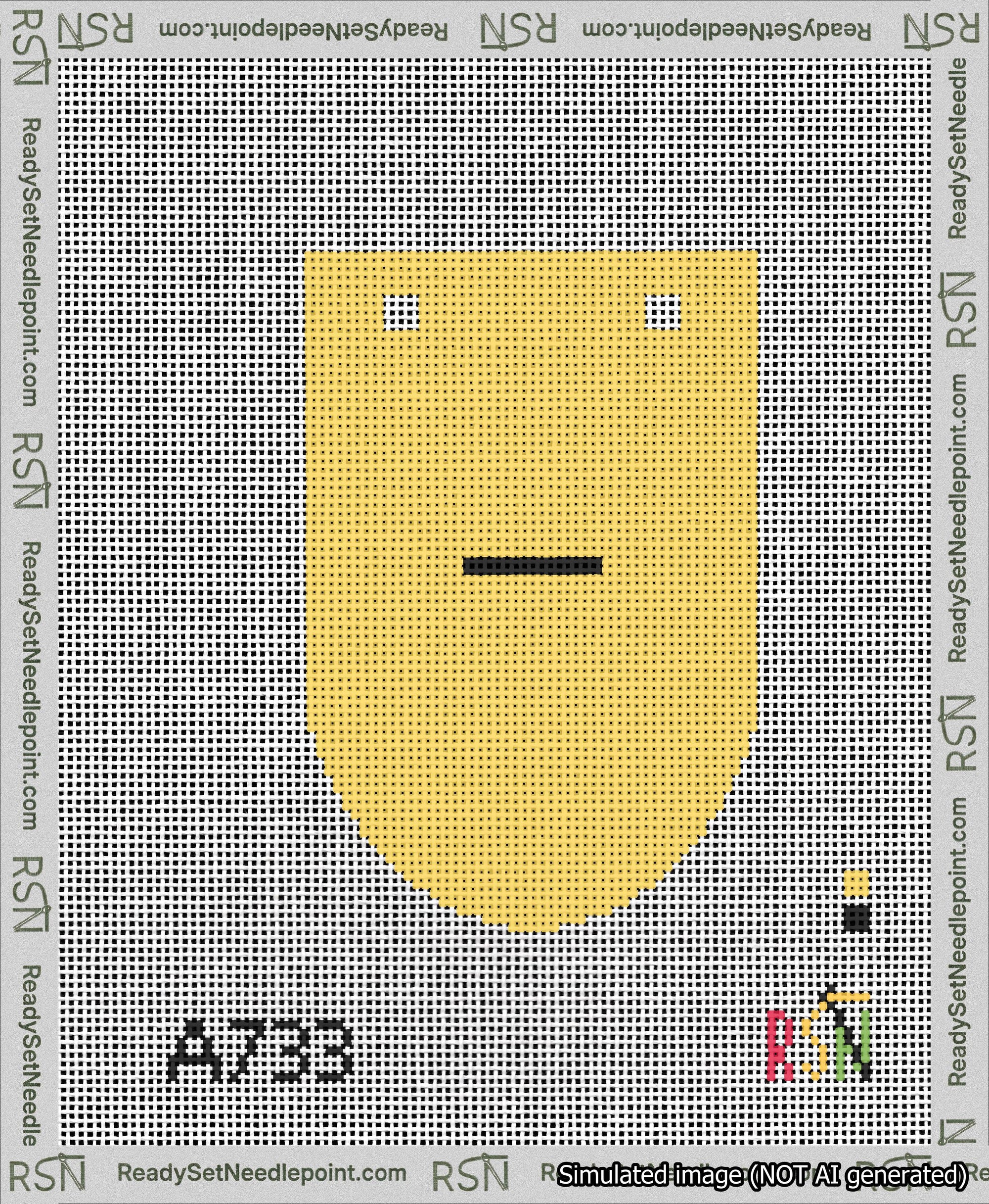 A taped needlepoint canvas with the design: Banner 13 mesh count Rounded Dash Black on Yellow.