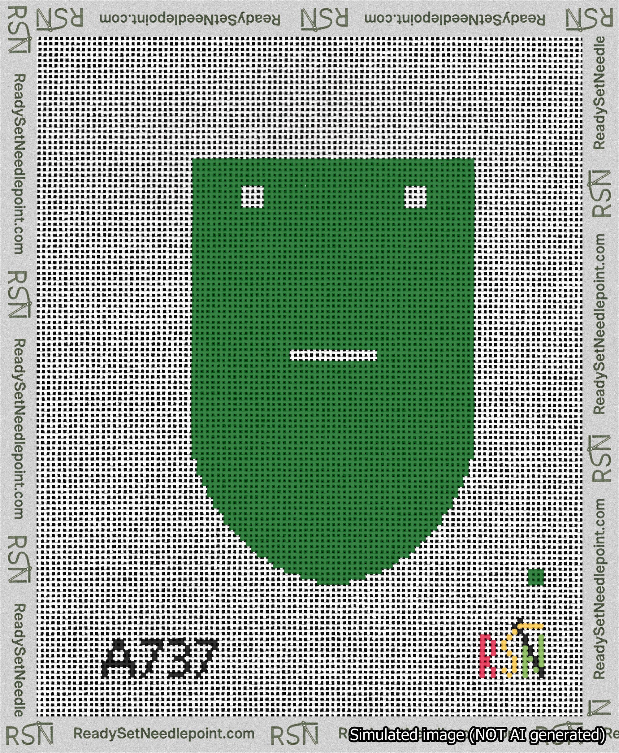 A taped needlepoint canvas with the design: Banner 13 mesh count Rounded Dash White on Green.
