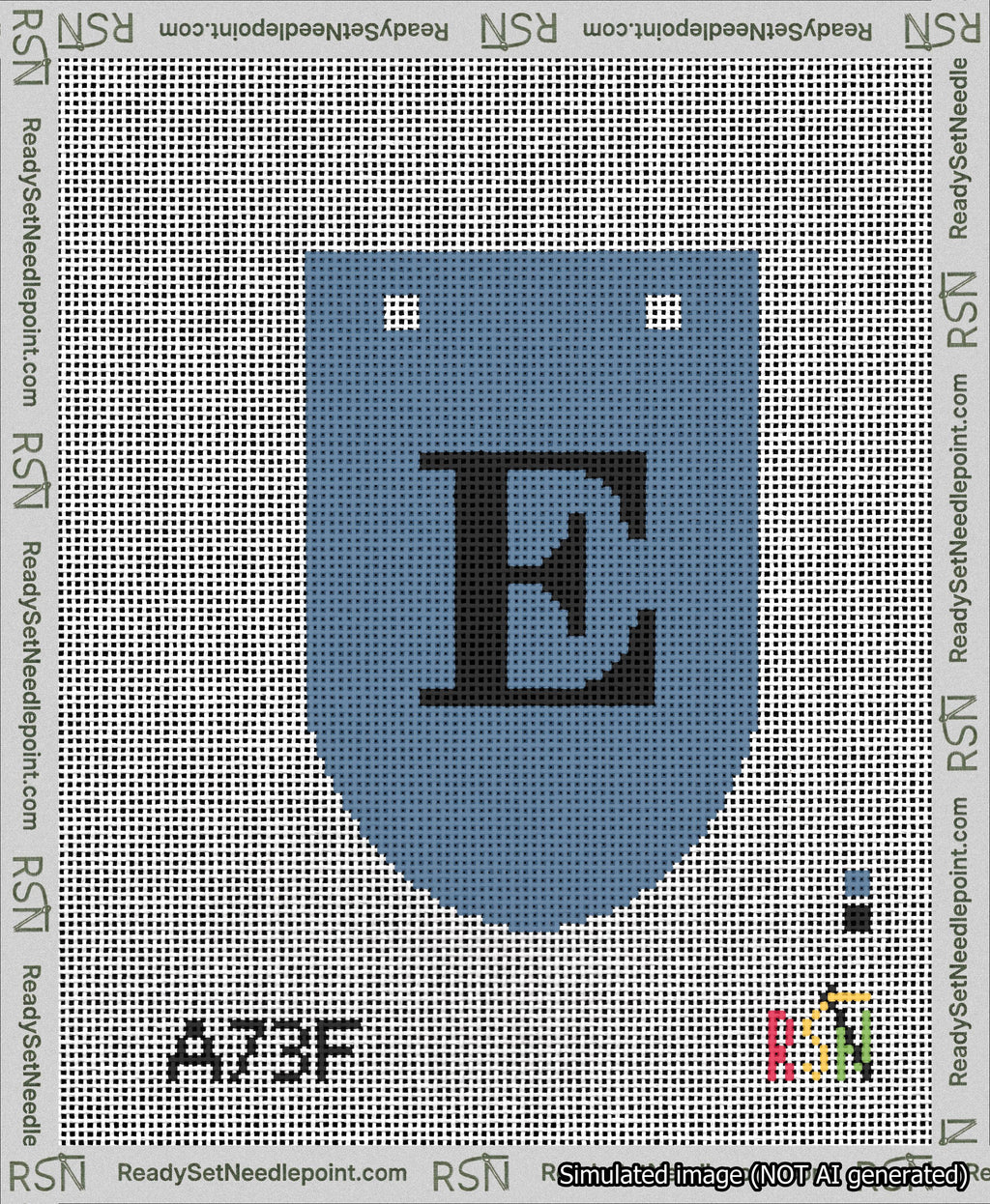 A taped needlepoint canvas with the design: Banner 13 mesh count Rounded E Black on Blue.