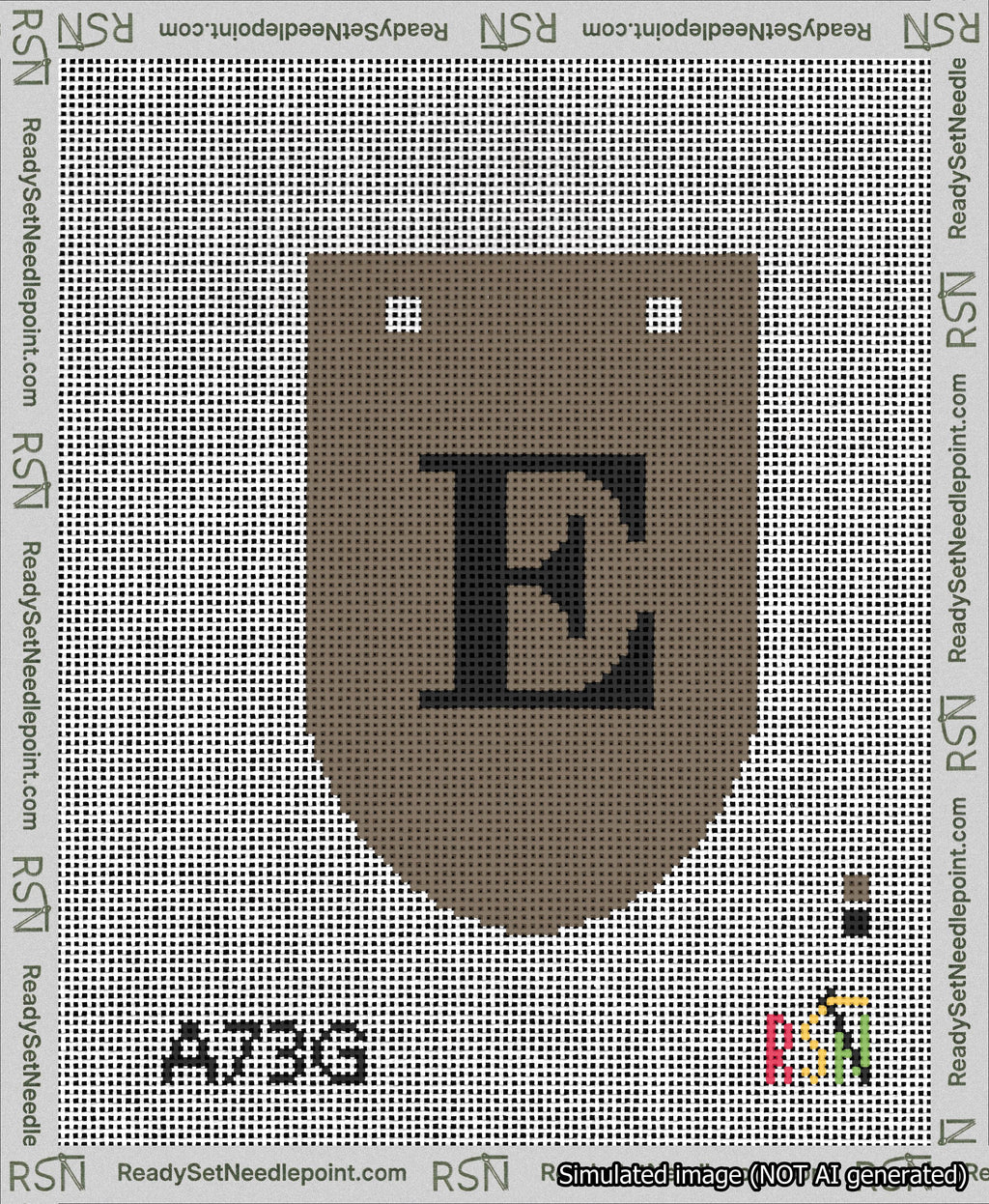 A taped needlepoint canvas with the design: Banner 13 mesh count Rounded E Black on Brown.