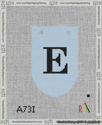 A taped needlepoint canvas with the design: Banner 13 mesh count Rounded E Black on Light Blue.