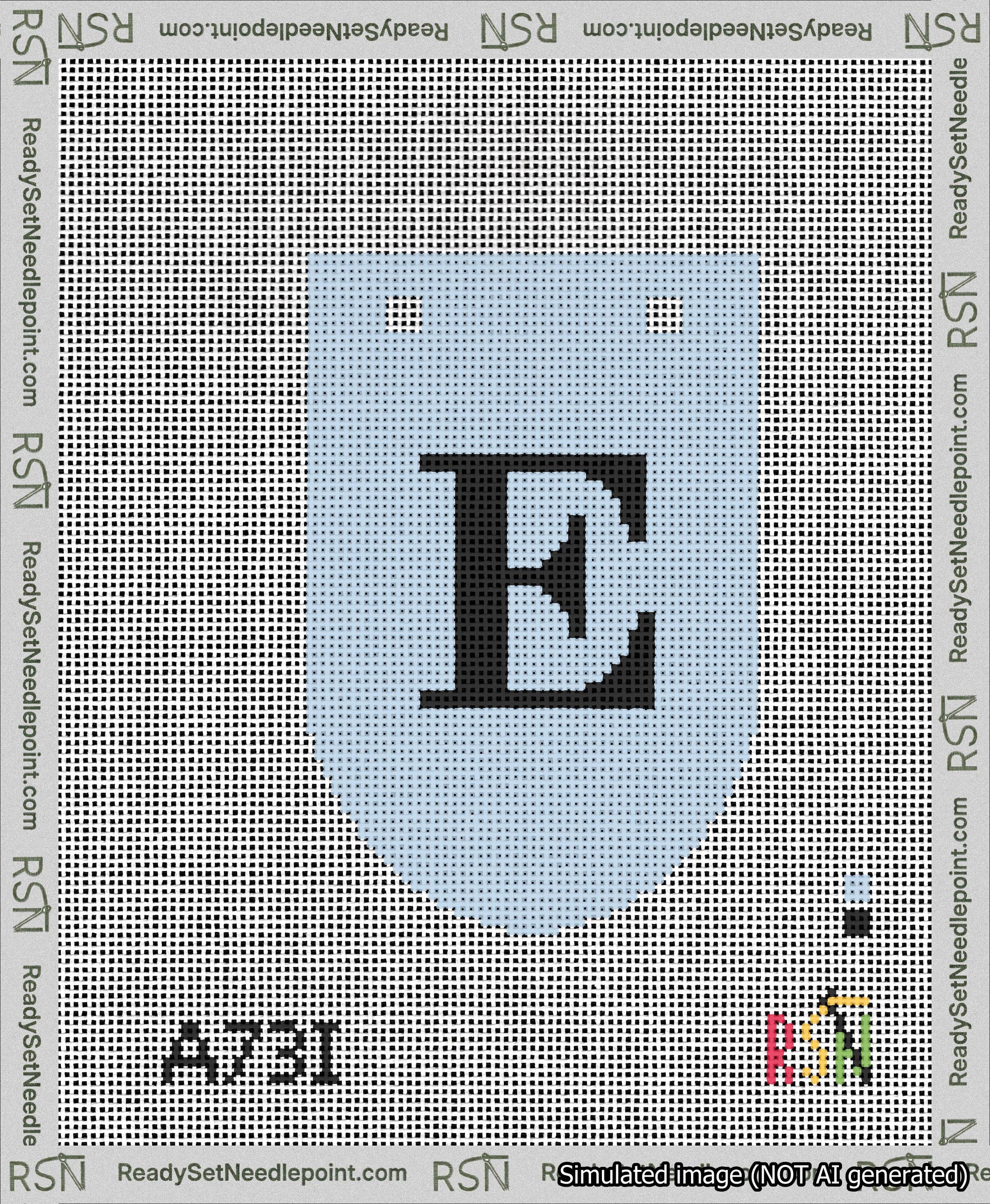 A taped needlepoint canvas with the design: Banner 13 mesh count Rounded E Black on Light Blue.