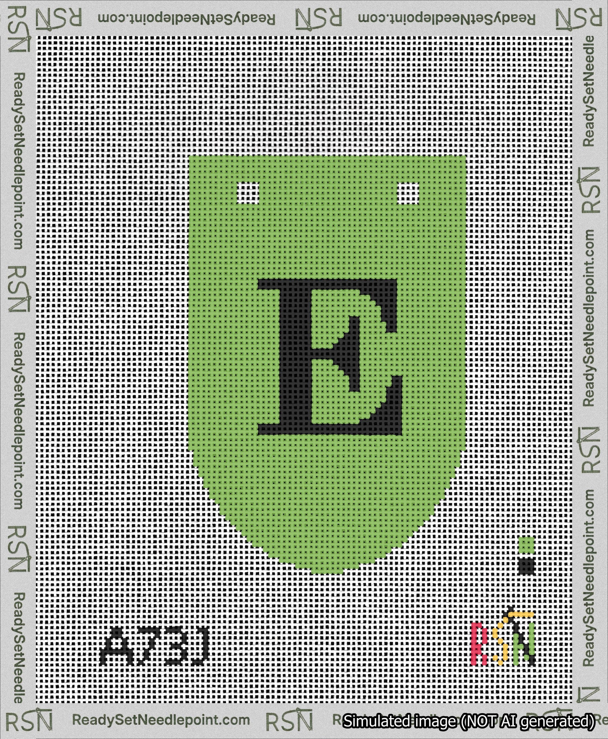 A taped needlepoint canvas with the design: Banner 13 mesh count Rounded E Black on Light Green.
