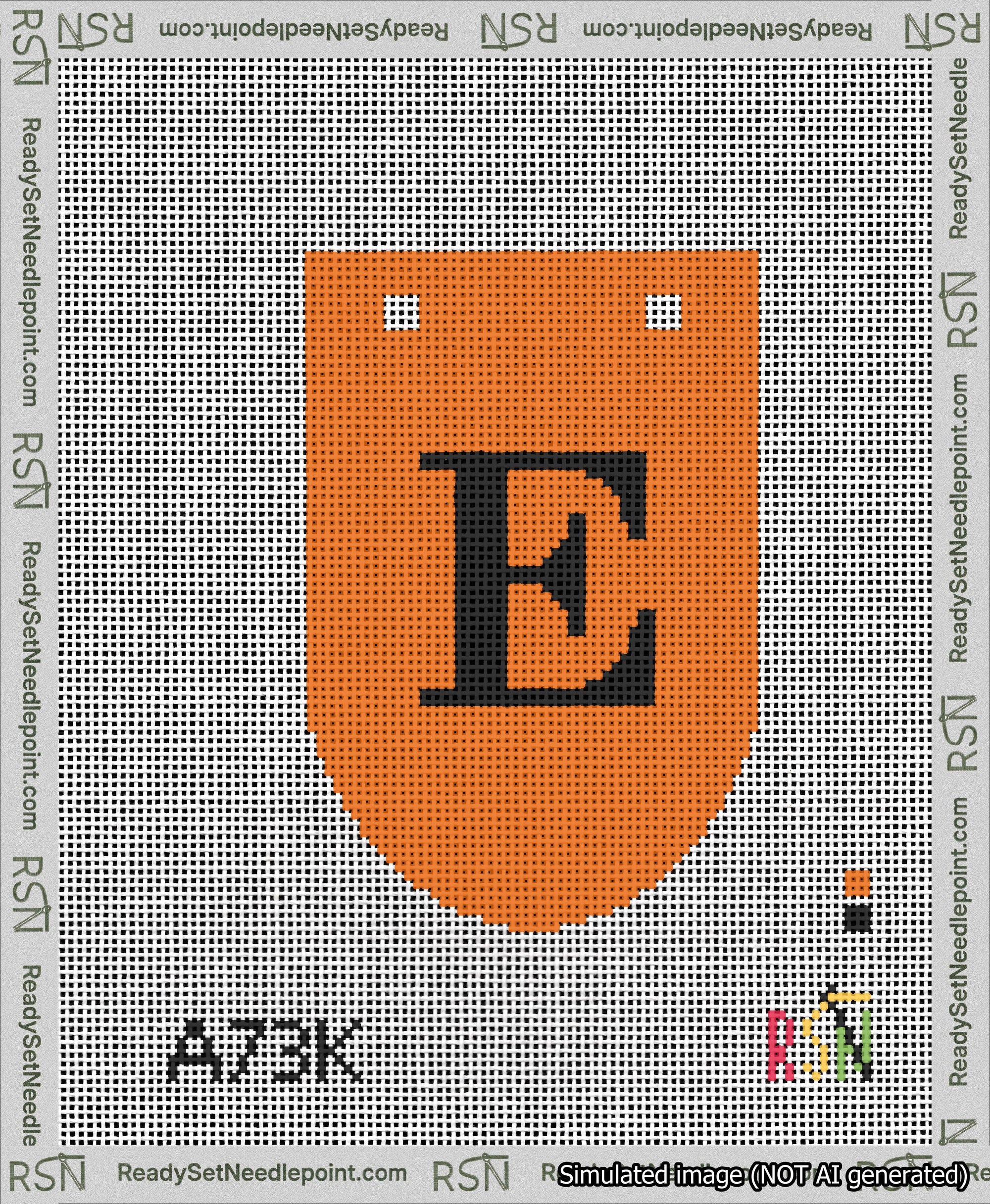 A taped needlepoint canvas with the design: Banner 13 mesh count Rounded E Black on Orange.