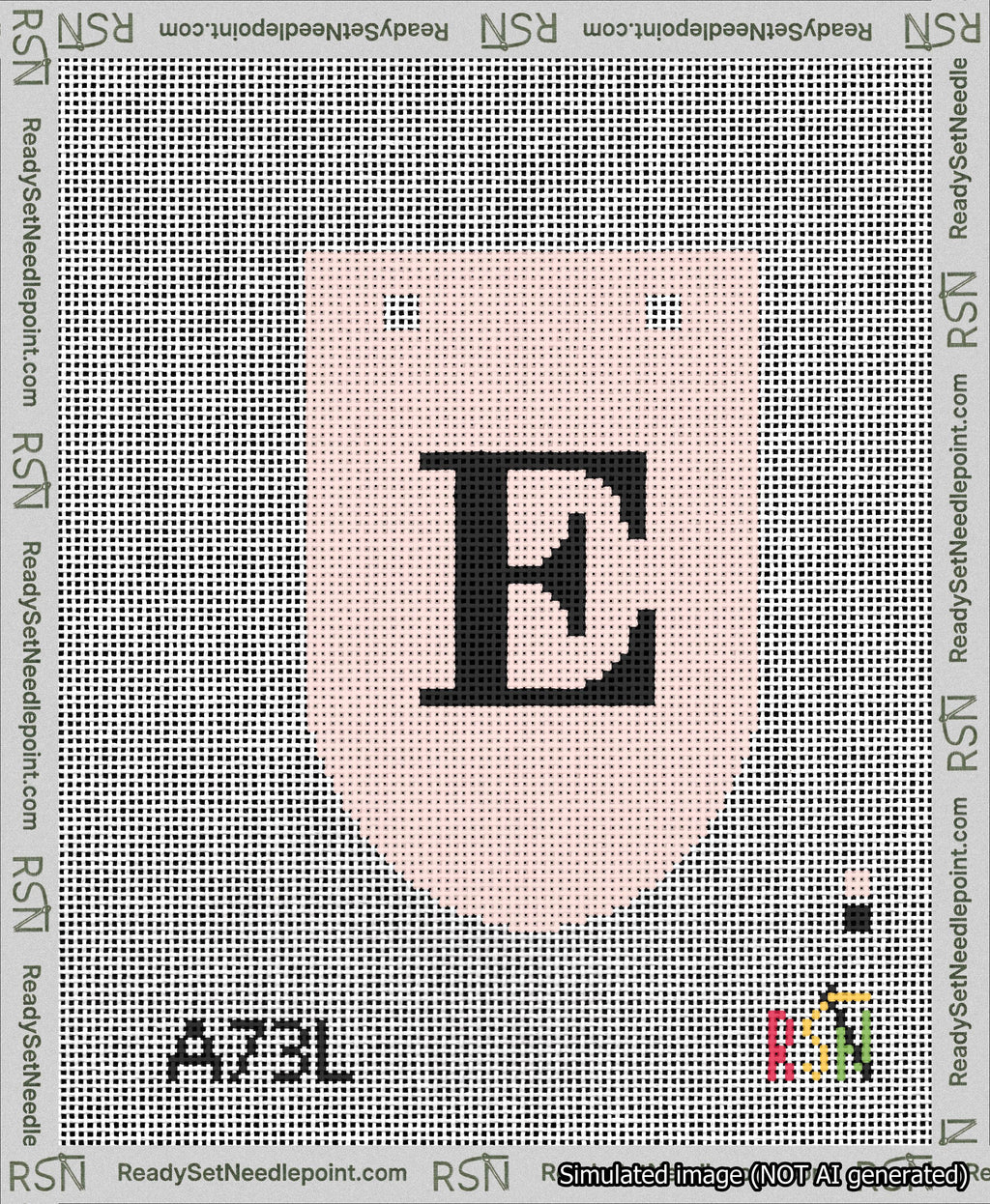 A taped needlepoint canvas with the design: Banner 13 mesh count Rounded E Black on Pink.
