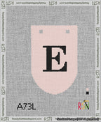 A taped needlepoint canvas with the design: Banner 13 mesh count Rounded E Black on Pink.