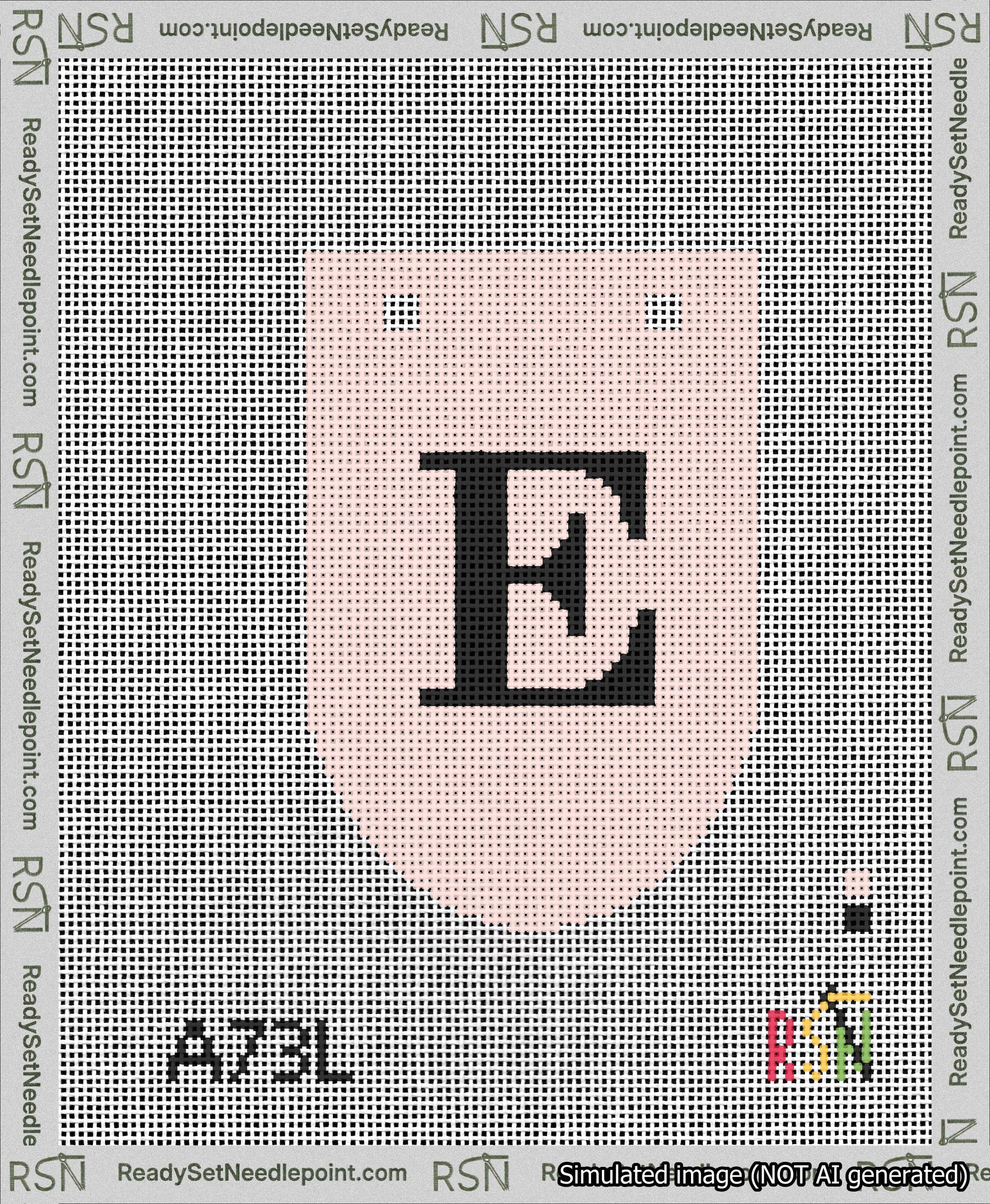 A taped needlepoint canvas with the design: Banner 13 mesh count Rounded E Black on Pink.