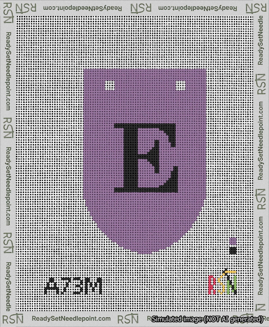 A taped needlepoint canvas with the design: Banner 13 mesh count Rounded E Black on Purple.