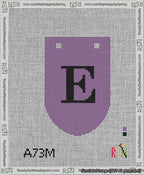 A taped needlepoint canvas with the design: Banner 13 mesh count Rounded E Black on Purple.