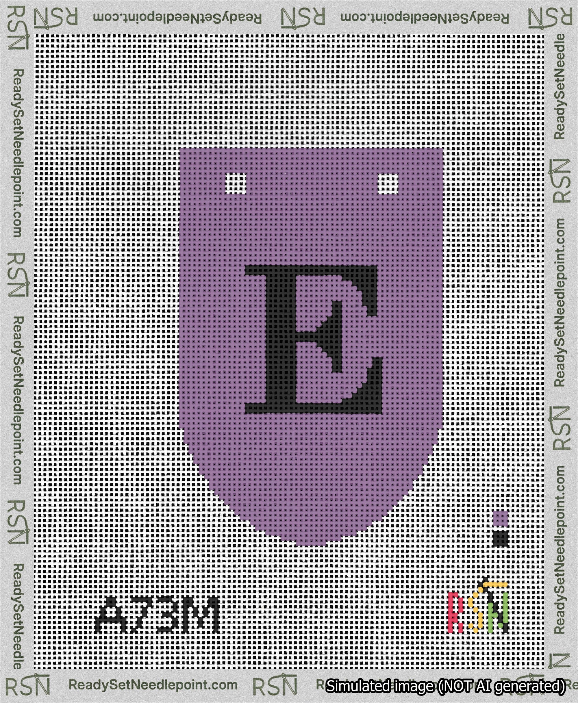 A taped needlepoint canvas with the design: Banner 13 mesh count Rounded E Black on Purple.
